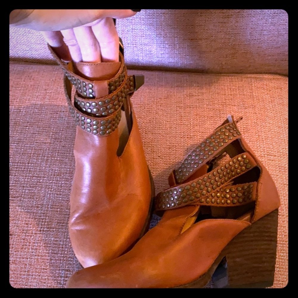 Brown leather strappy copper detail ankle boot